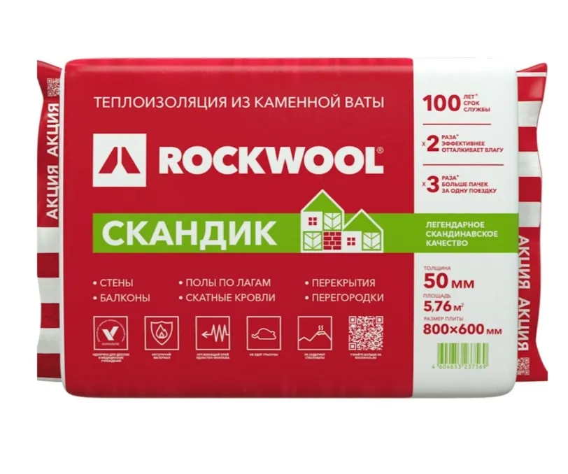 Купить Утеплитель Rockwool Скандик Лайт Баттс 800х600х50 мм, 35 кг/м3